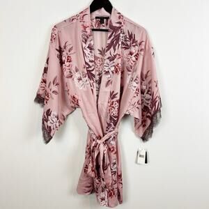 Midnight Bakery Pink Floral Short Robe with Black Lace Trim Size X-Large